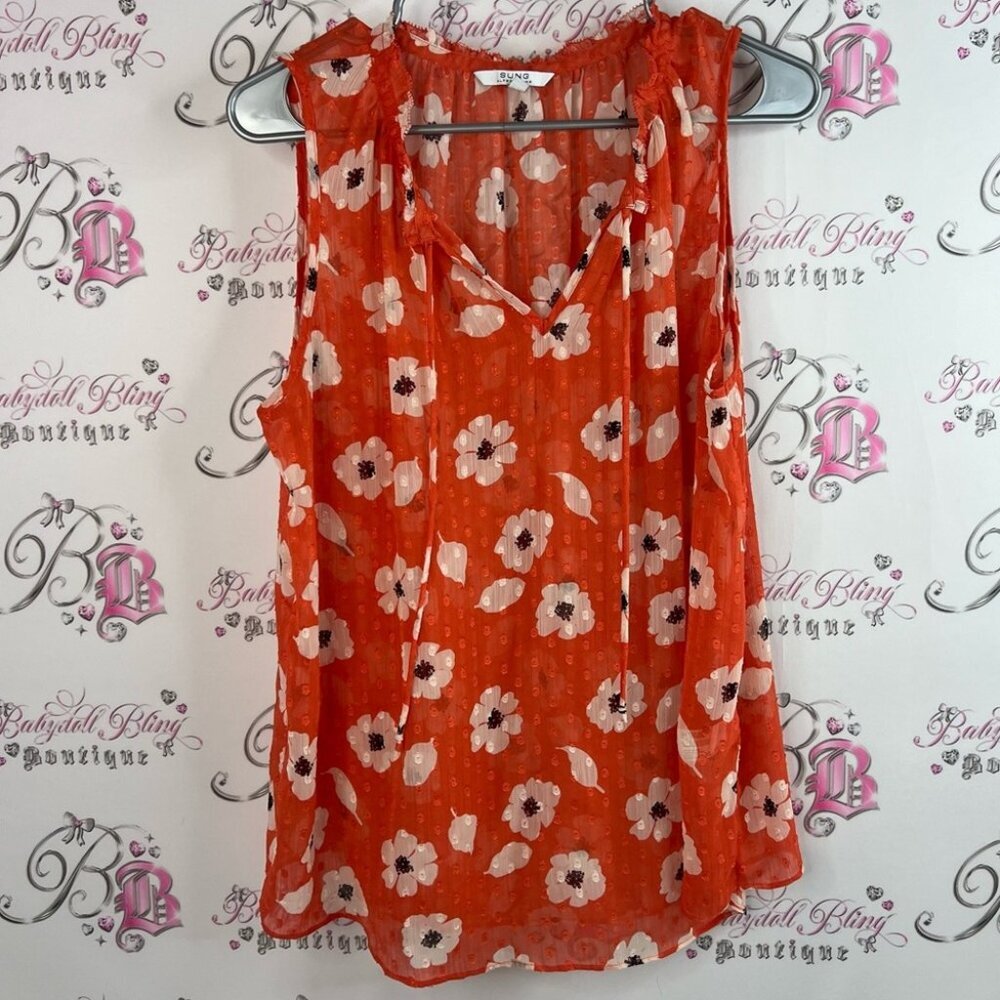 ALFRED SUNG tank top blouse flowers sheer Orange Floral Blouse tie ups